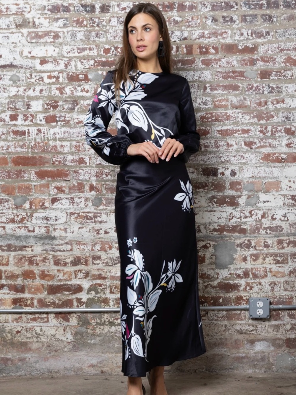 Black Floral Satin skirt set with top - Women's Elegant Long Sleeve